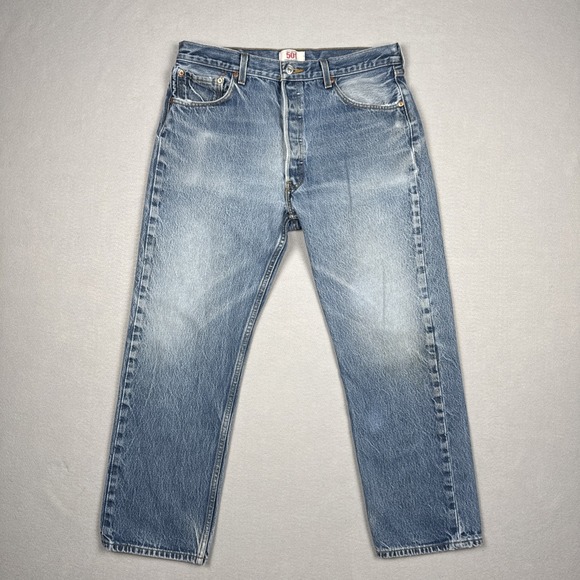 Vintage Levis 501 Jeans Mens 34x28 Blue Washout Work Pants Button Fly (Tag36x31) - Picture 2 of 13
